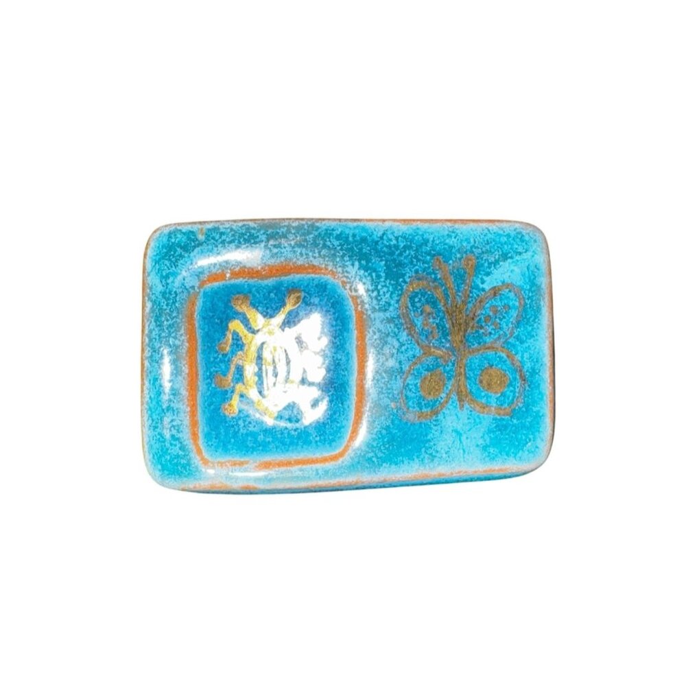 Vintage Handcrafted BlueCeramic Brooch With Gold Insect & Butterfly Design Boho